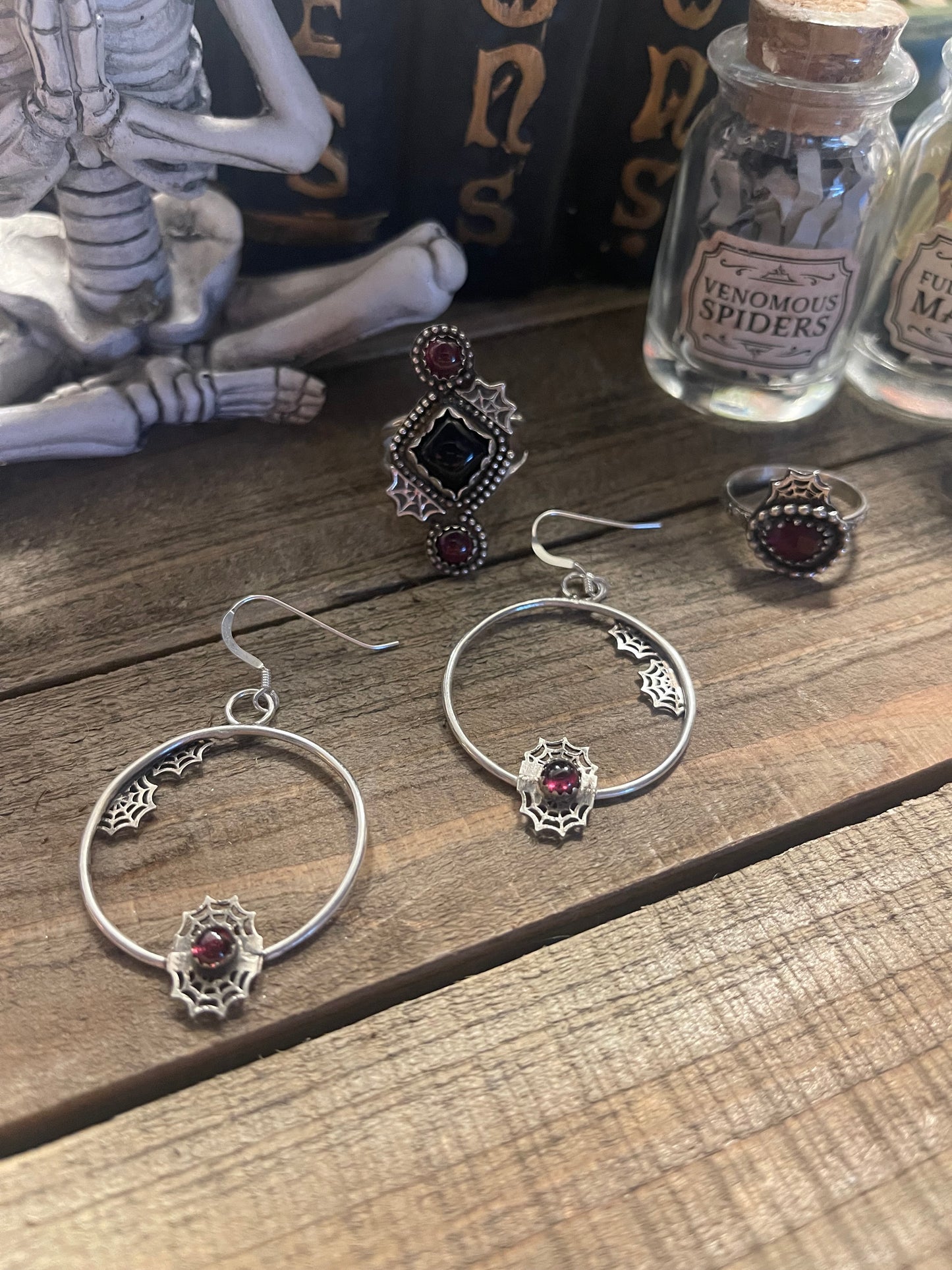 Spiderweb gemstone hoop earrings sterling silver