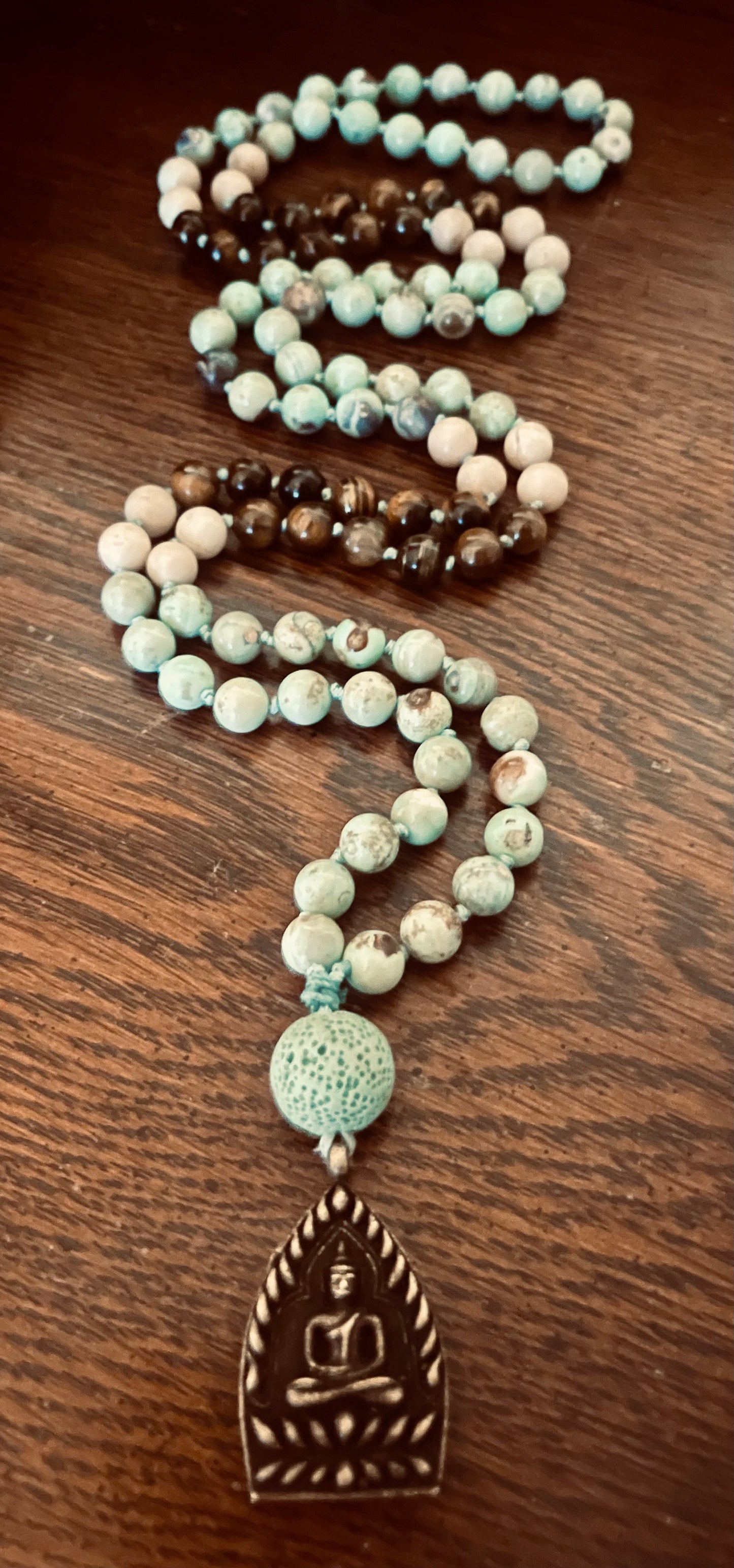 Tranquil Transformation Mala, Turquoise dyed Fire Agate, Riverstone, Tiger’s Eye