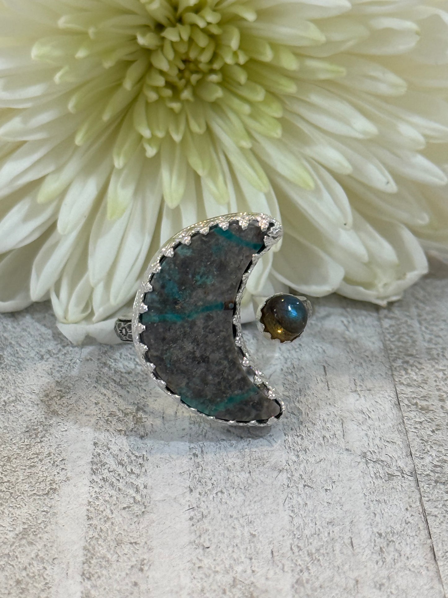 Turquoise moon and Labradorite ring size 9