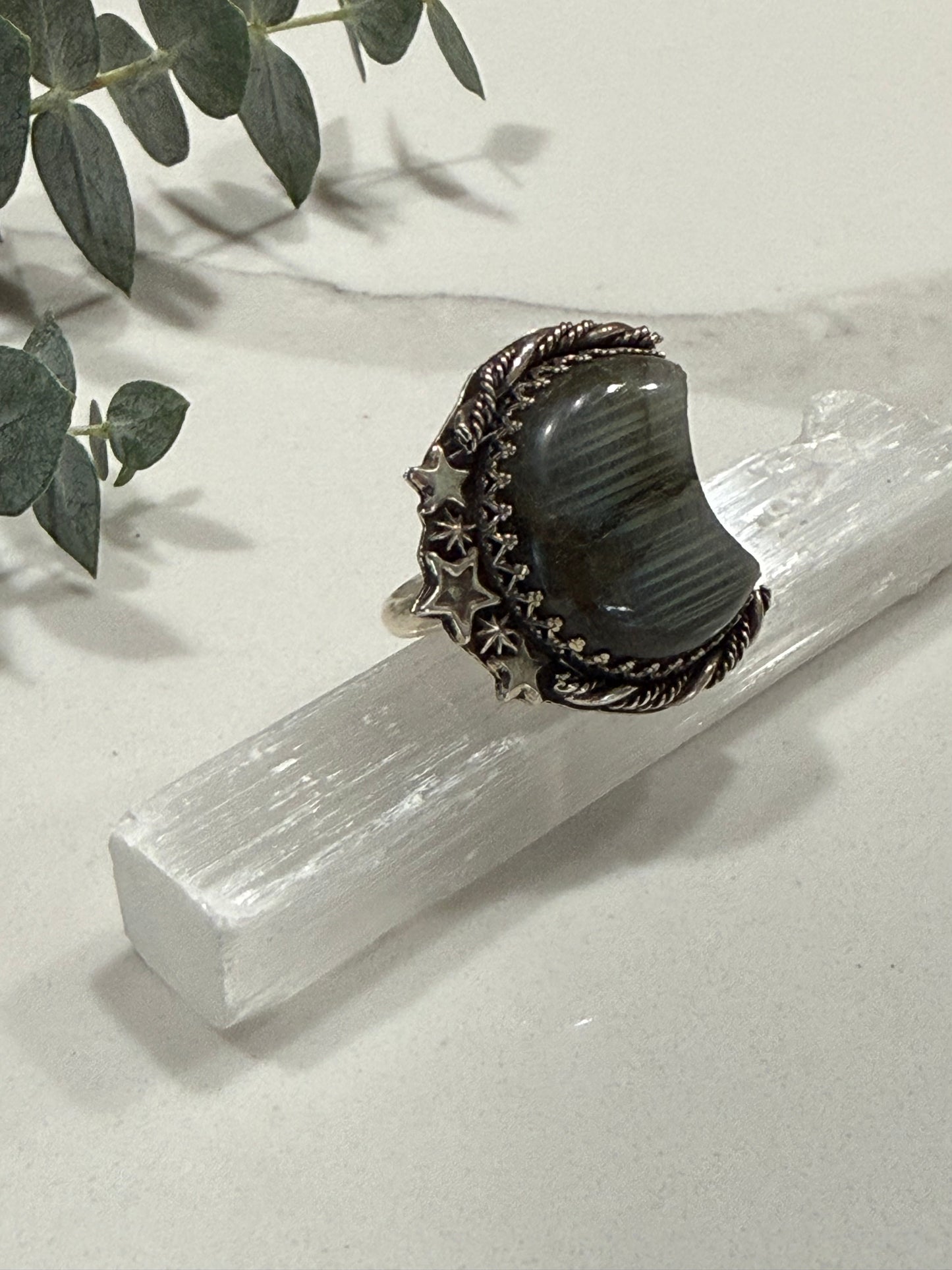 Labradorite Moon and stars Ring size 8 1/2