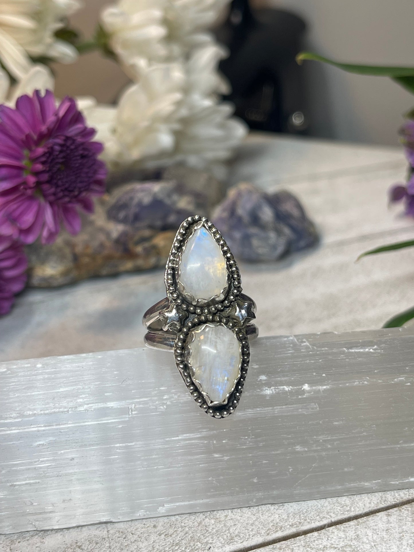 Moonstone Double Stone sterling silver ring size 7