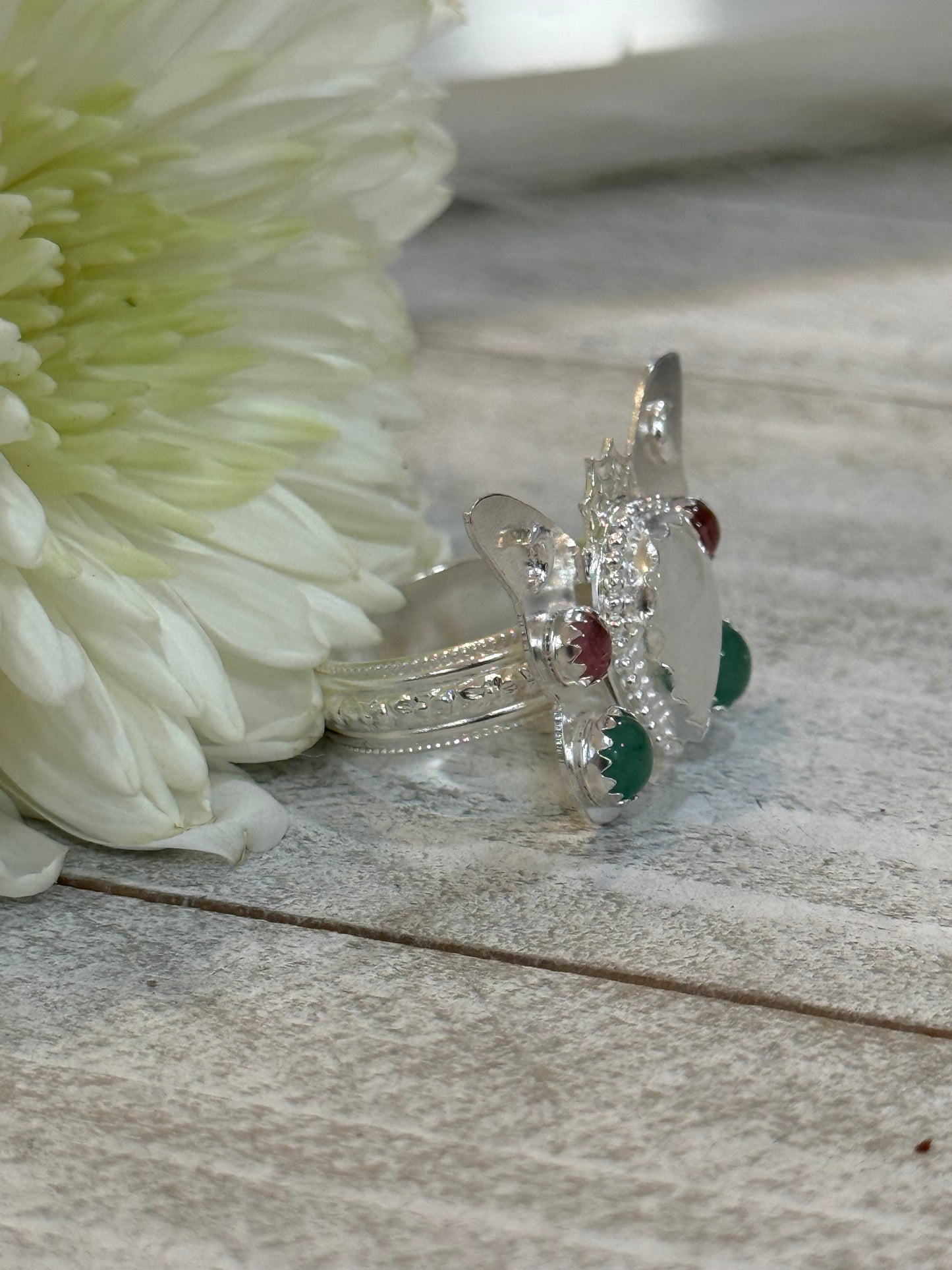 Pink Tourmaline, Moonstone and Emerald Butterfly ring size 7