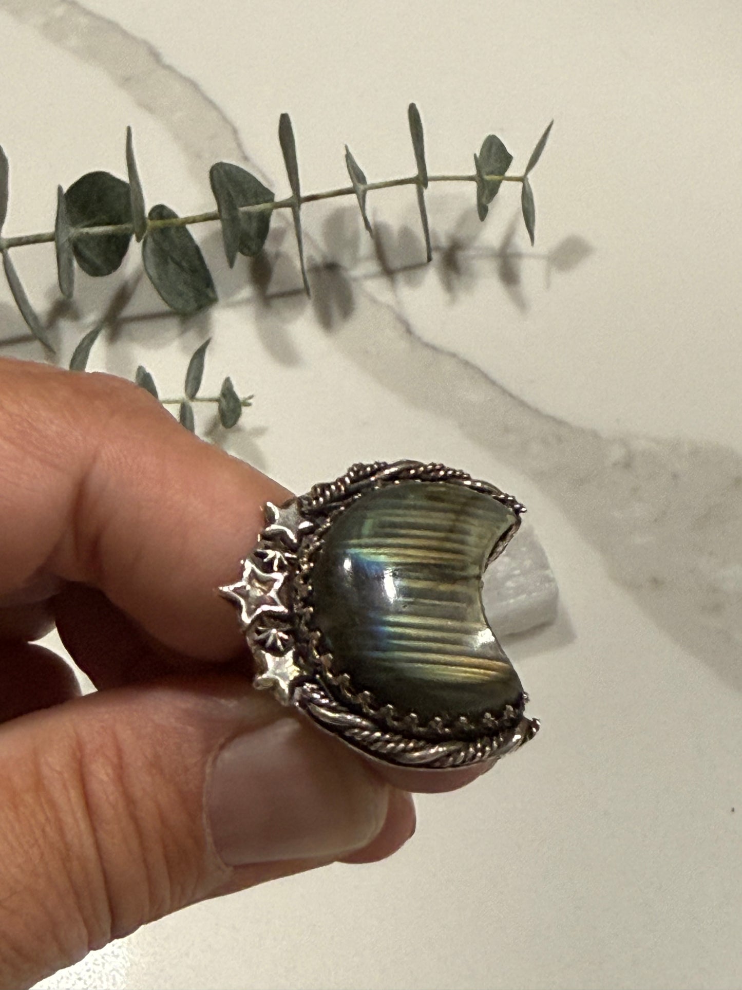 Labradorite Moon and stars Ring size 8 1/2