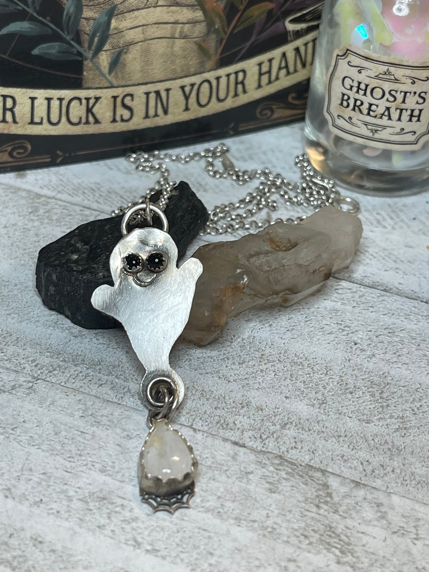 Ghost with Onyx eyes and Moonstone web sterling silver necklace