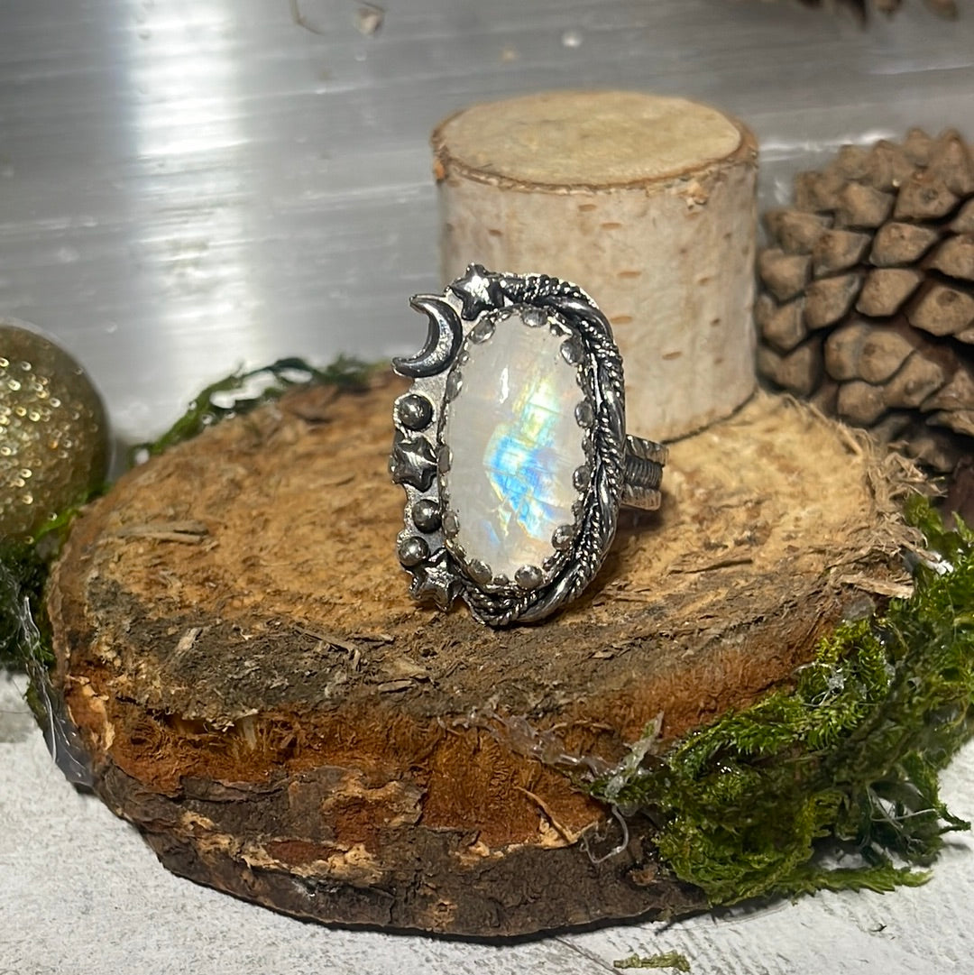 Moonstone Rainbow Stargate ring size 9