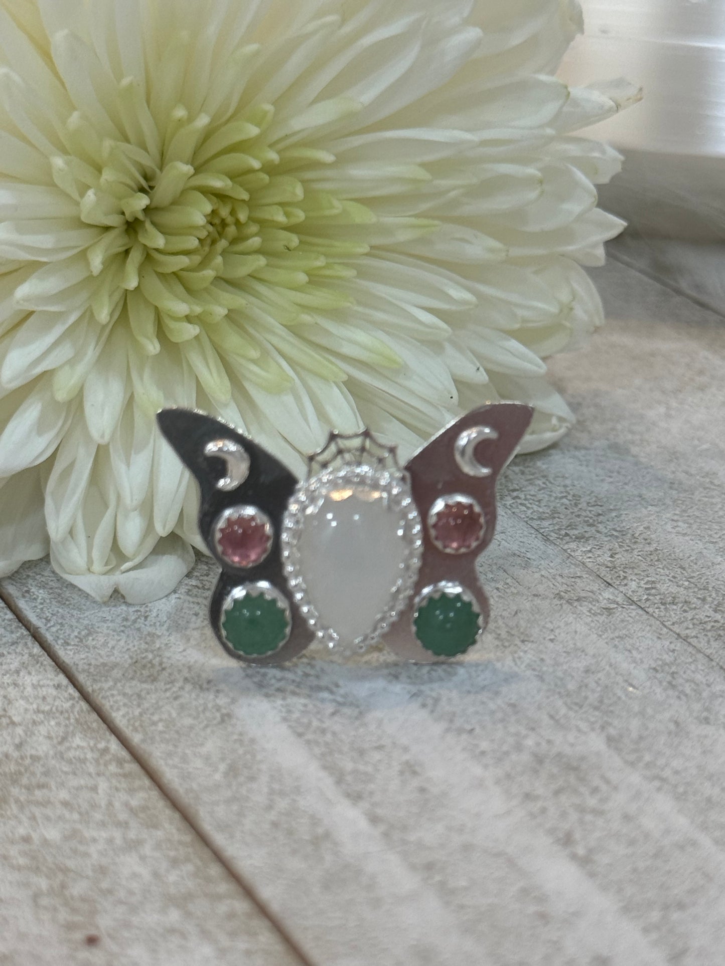 Pink Tourmaline, Moonstone and Emerald Butterfly ring size 7