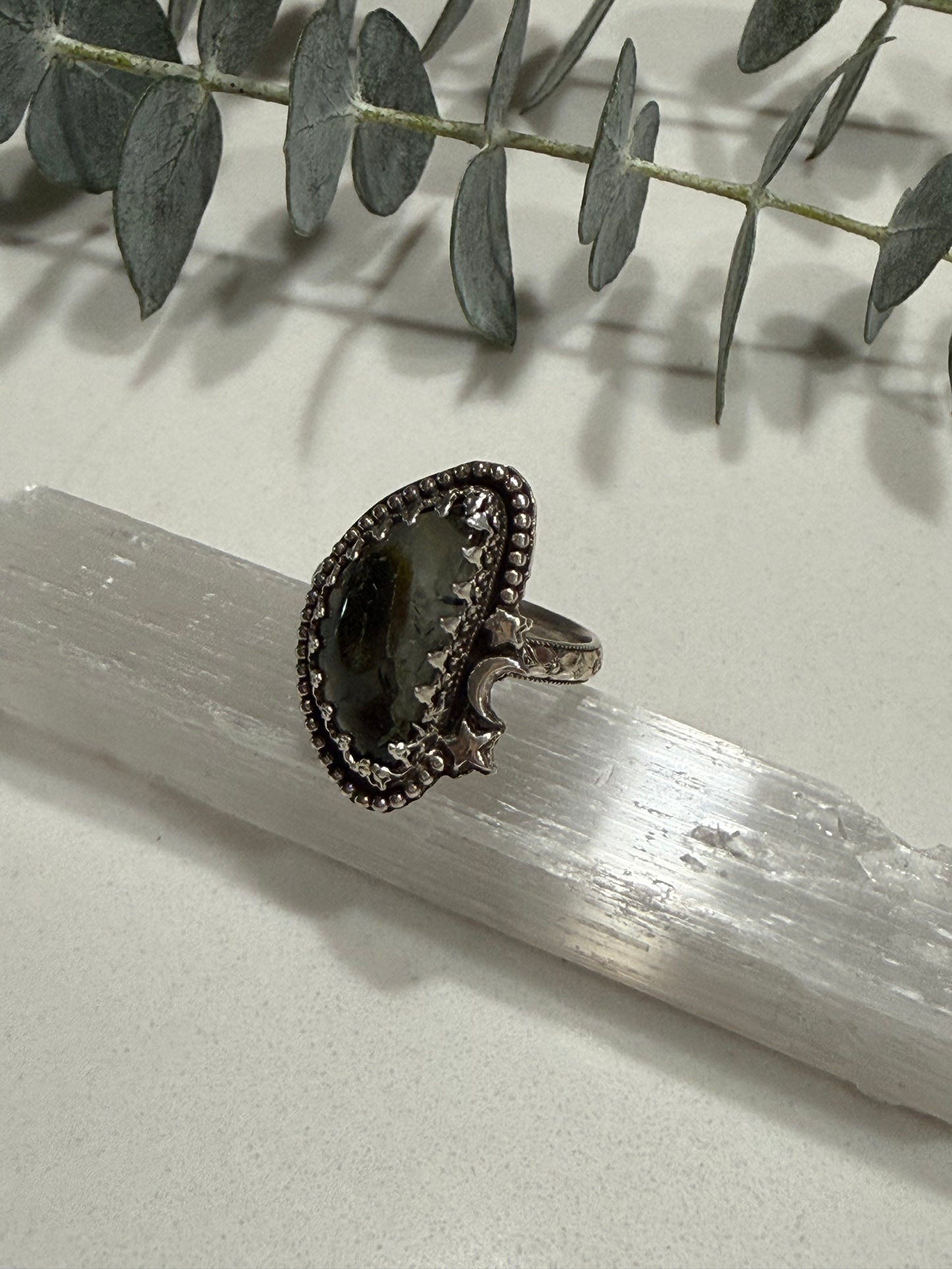 Prehnite with Epidote ring and moon and stars size 8