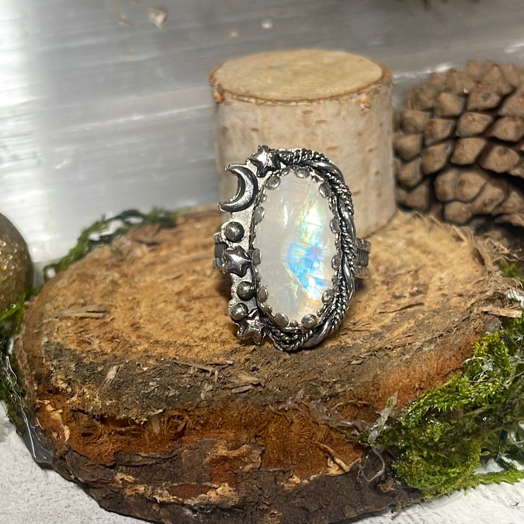 Moonstone Rainbow Stargate ring size 9