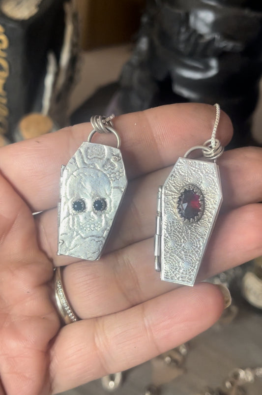 Garnet Coffin Locket Necklace