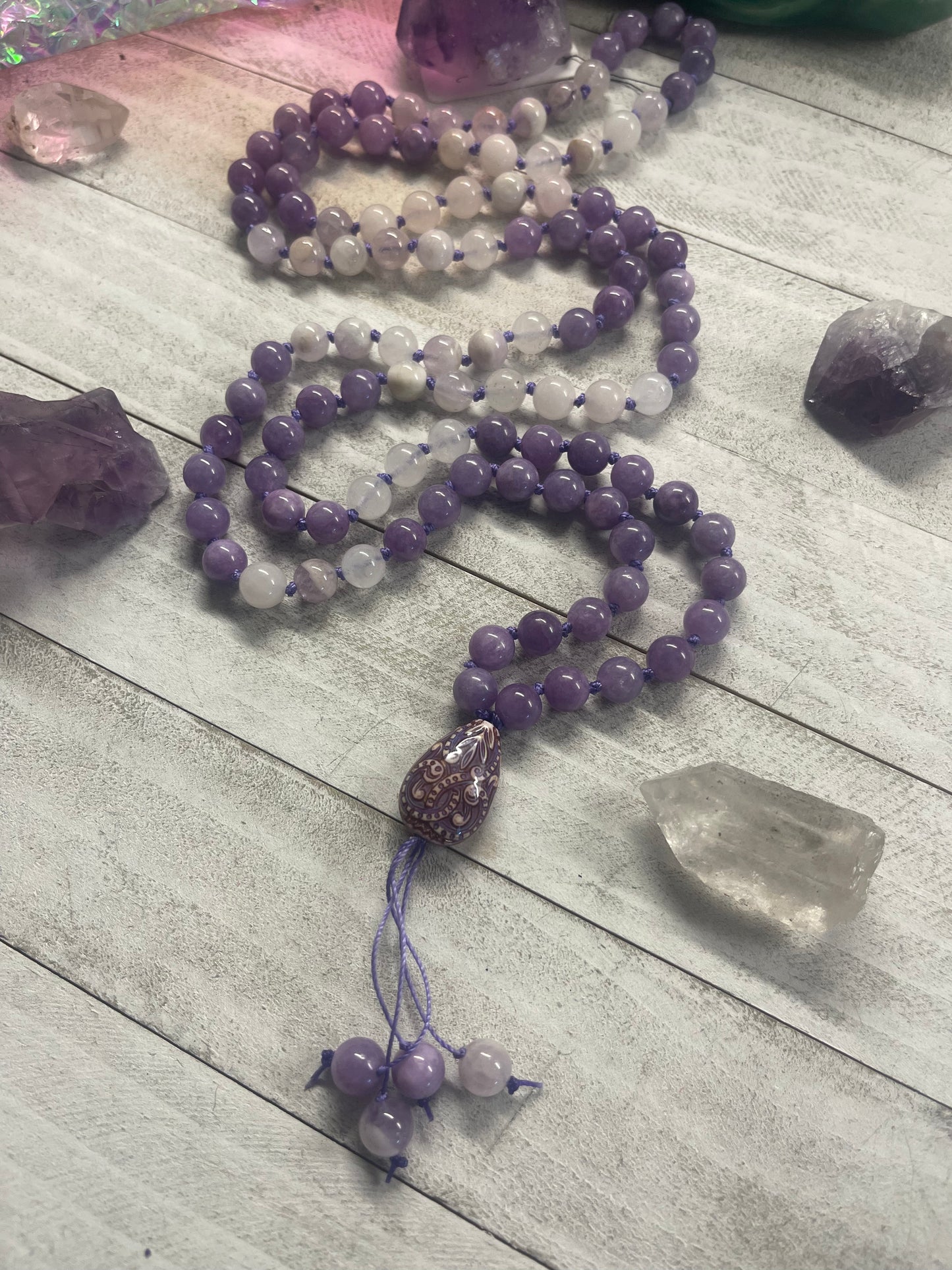 Amethyst, Quartz and Lilac Agate “Purple Peace ☮️ “ Mala