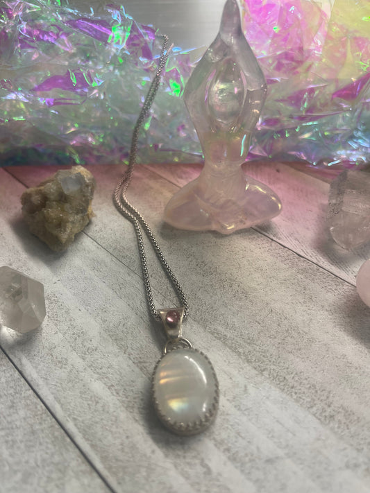 Moonstone Rainbow and Pink Tourmaline Necklace