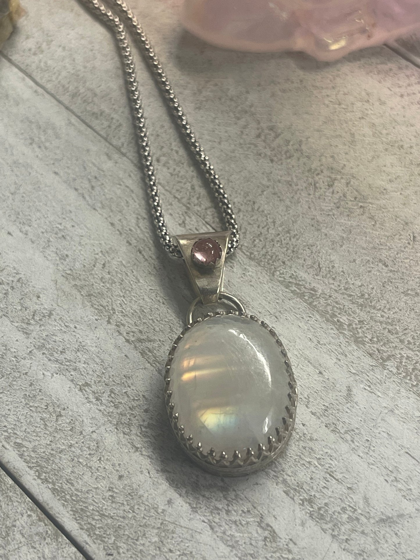 Moonstone Rainbow and Pink Tourmaline Necklace