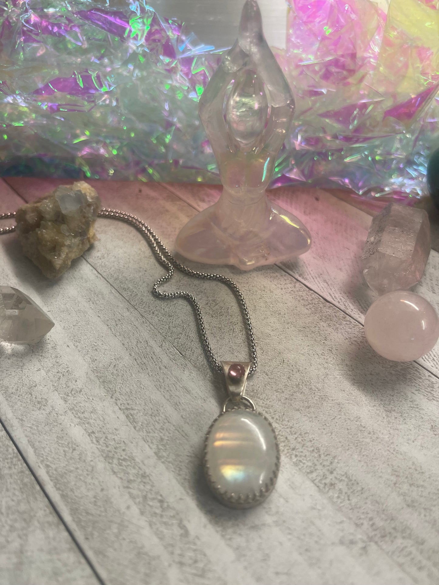 Moonstone Rainbow and Pink Tourmaline Necklace