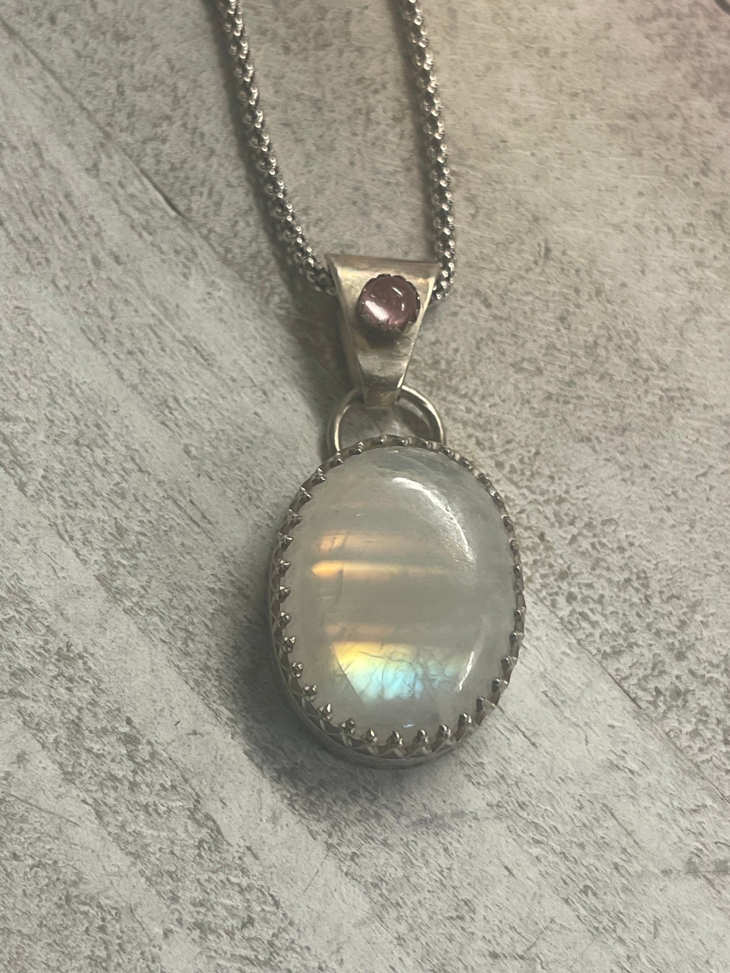 Moonstone Rainbow and Pink Tourmaline Necklace