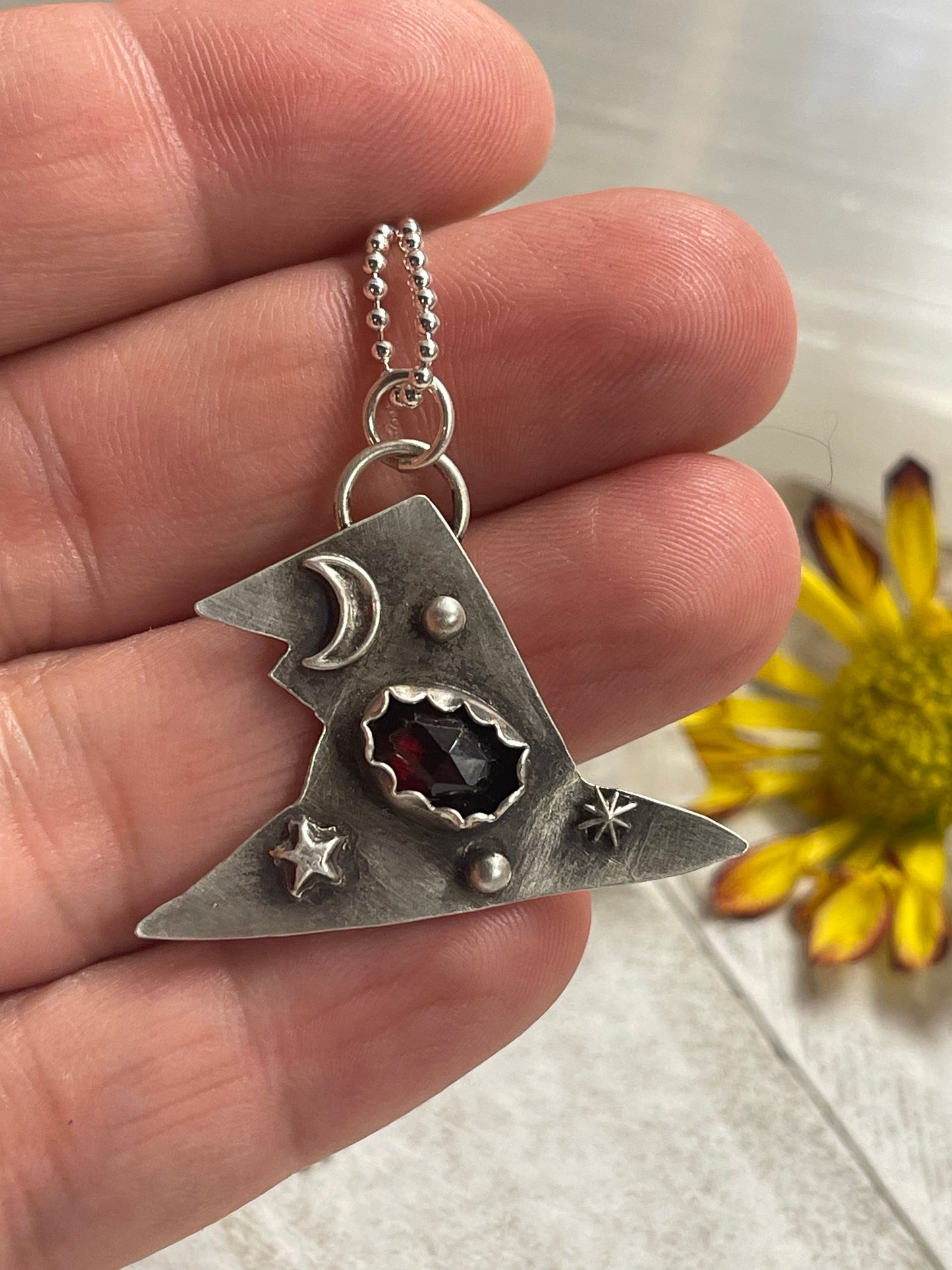 Garnet Cosmic Witch Hat Necklace Sterling Silver