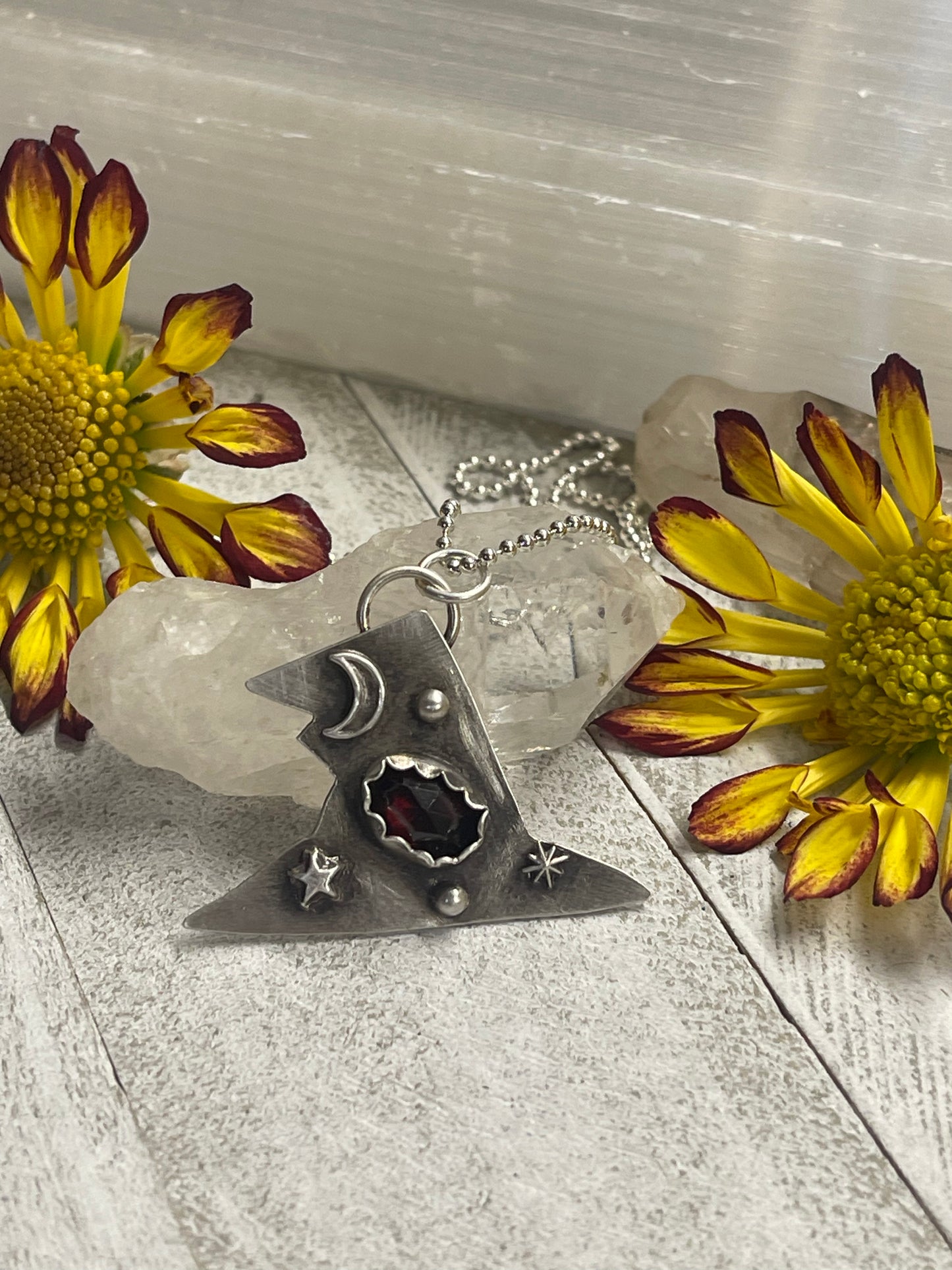 Garnet Cosmic Witch Hat Necklace Sterling Silver