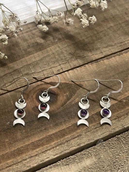 Triple Moon Goddess Earrings with gemstones