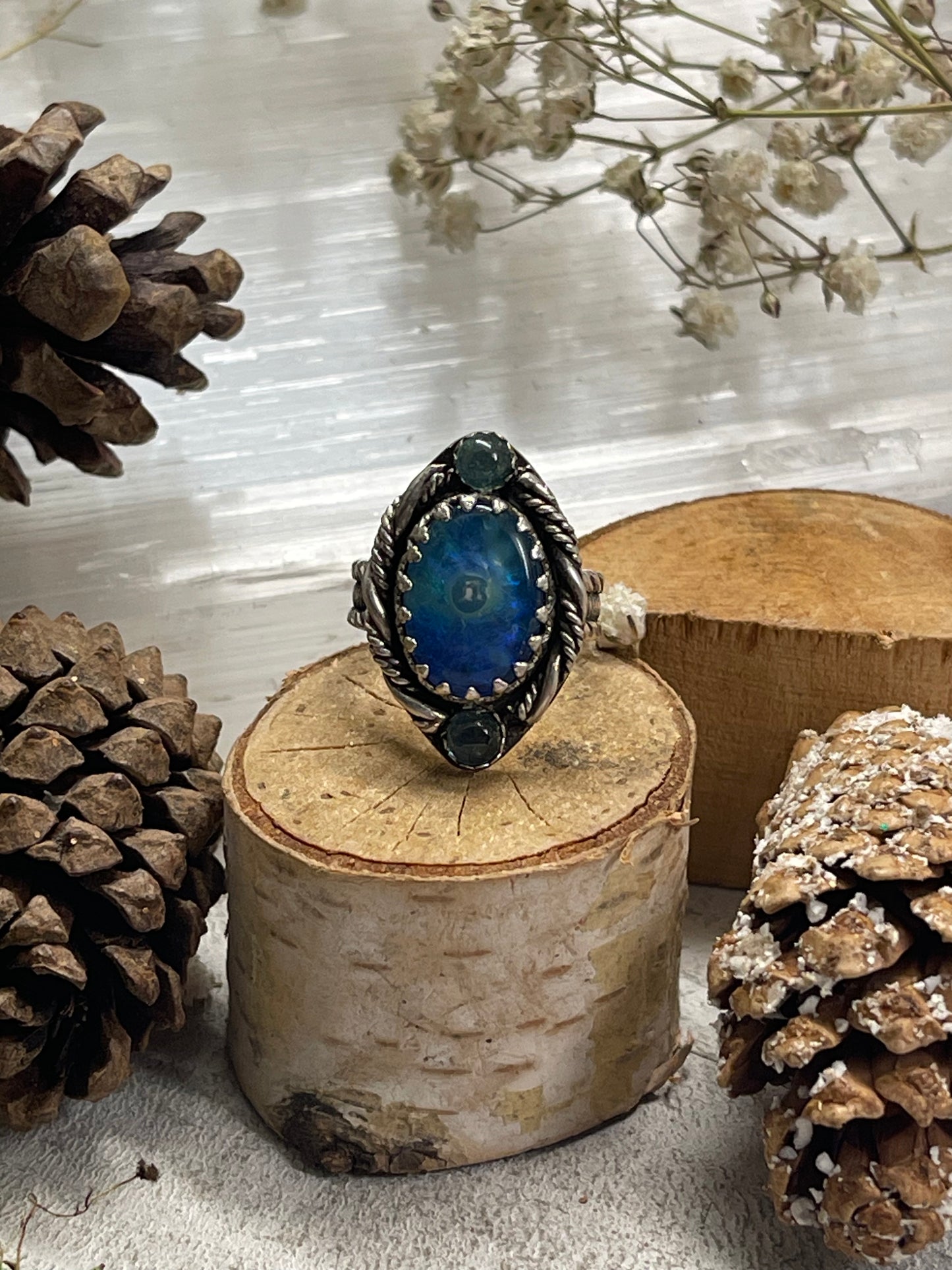 Boulder Opal & Blue Tourmaline Ring Size 5 1/2