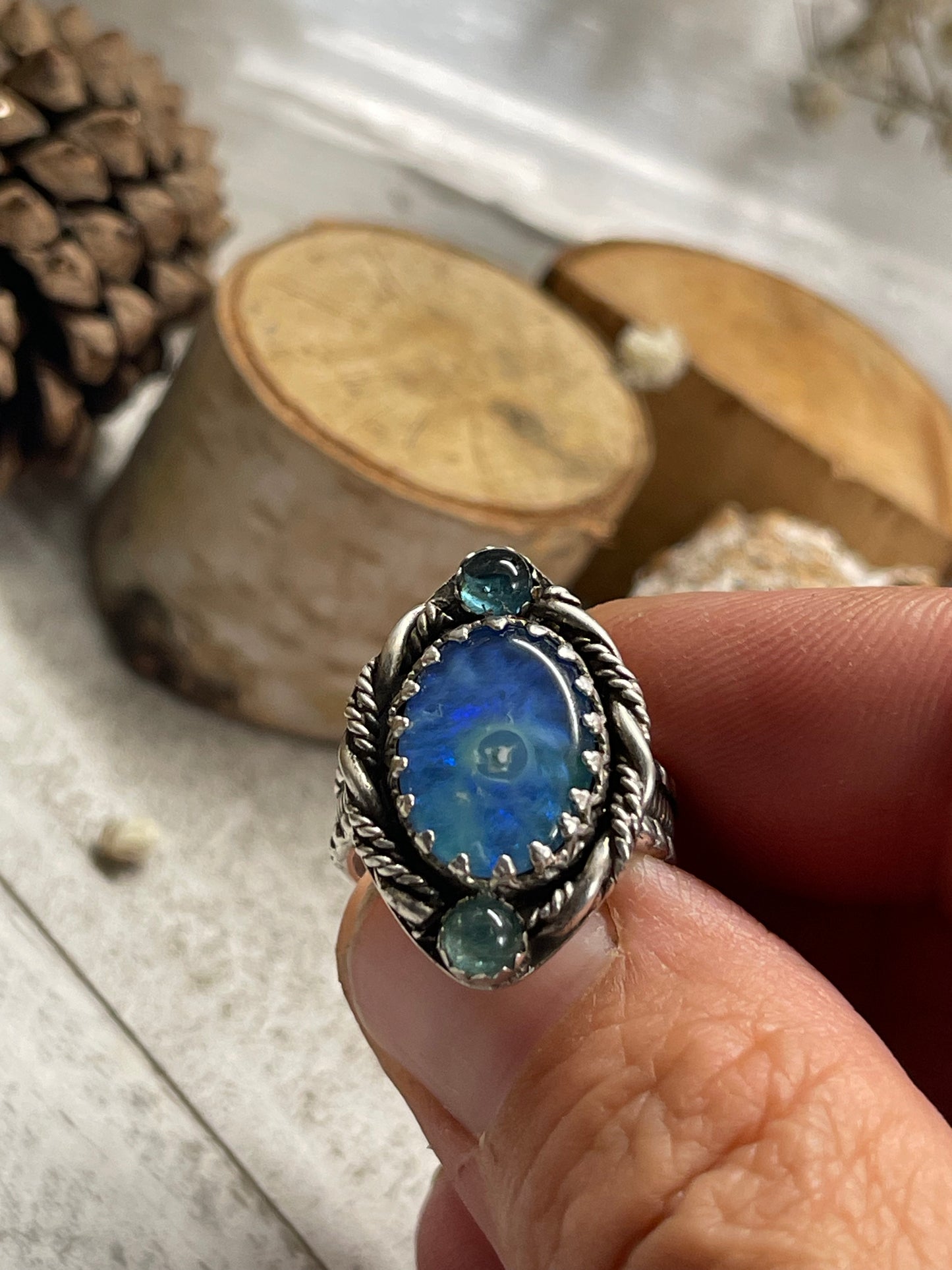 Boulder Opal & Blue Tourmaline Ring Size 5 1/2