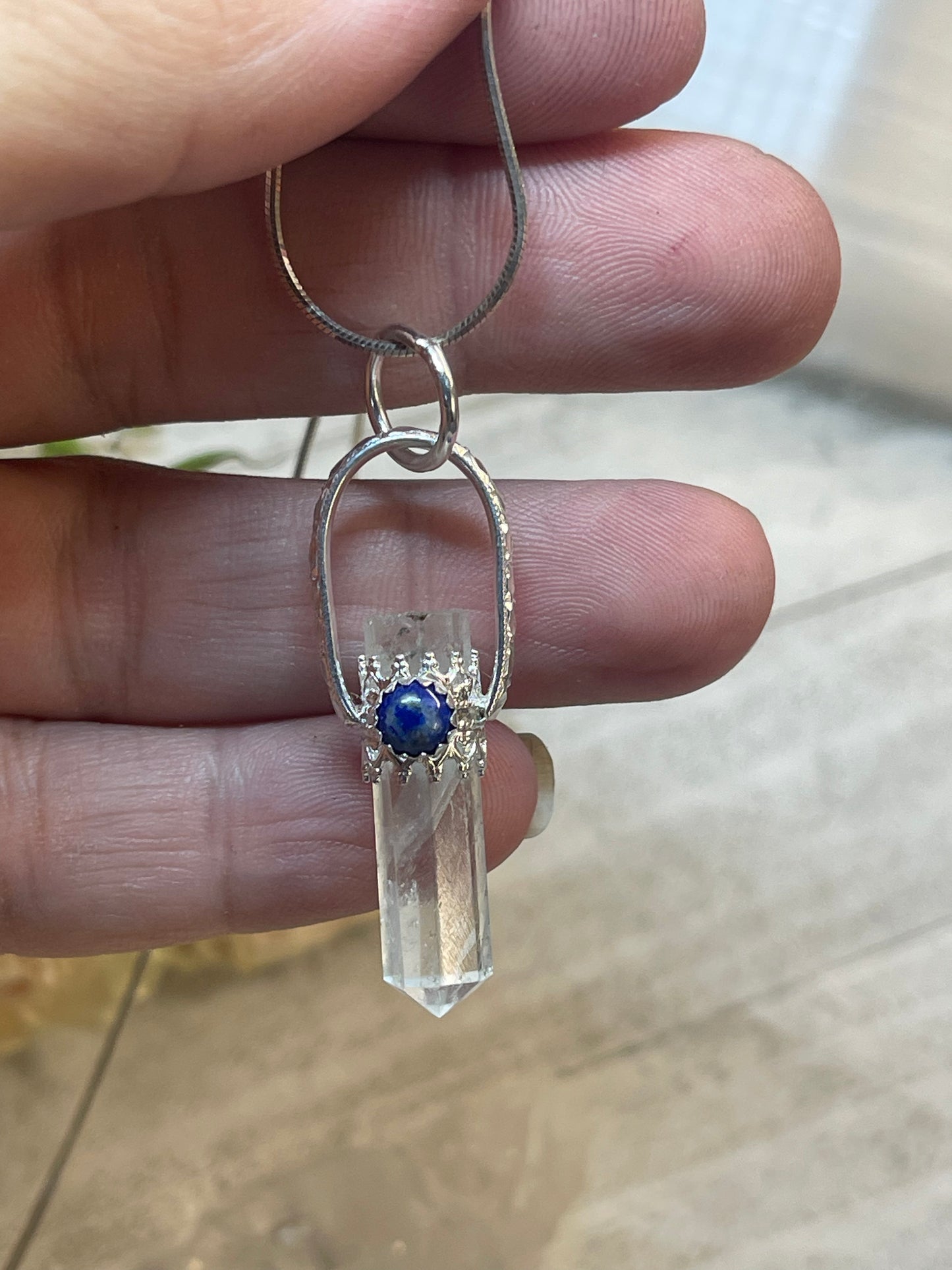 Quartz Crystal Point with Lapis Lazuli Sterling Silver Necklace