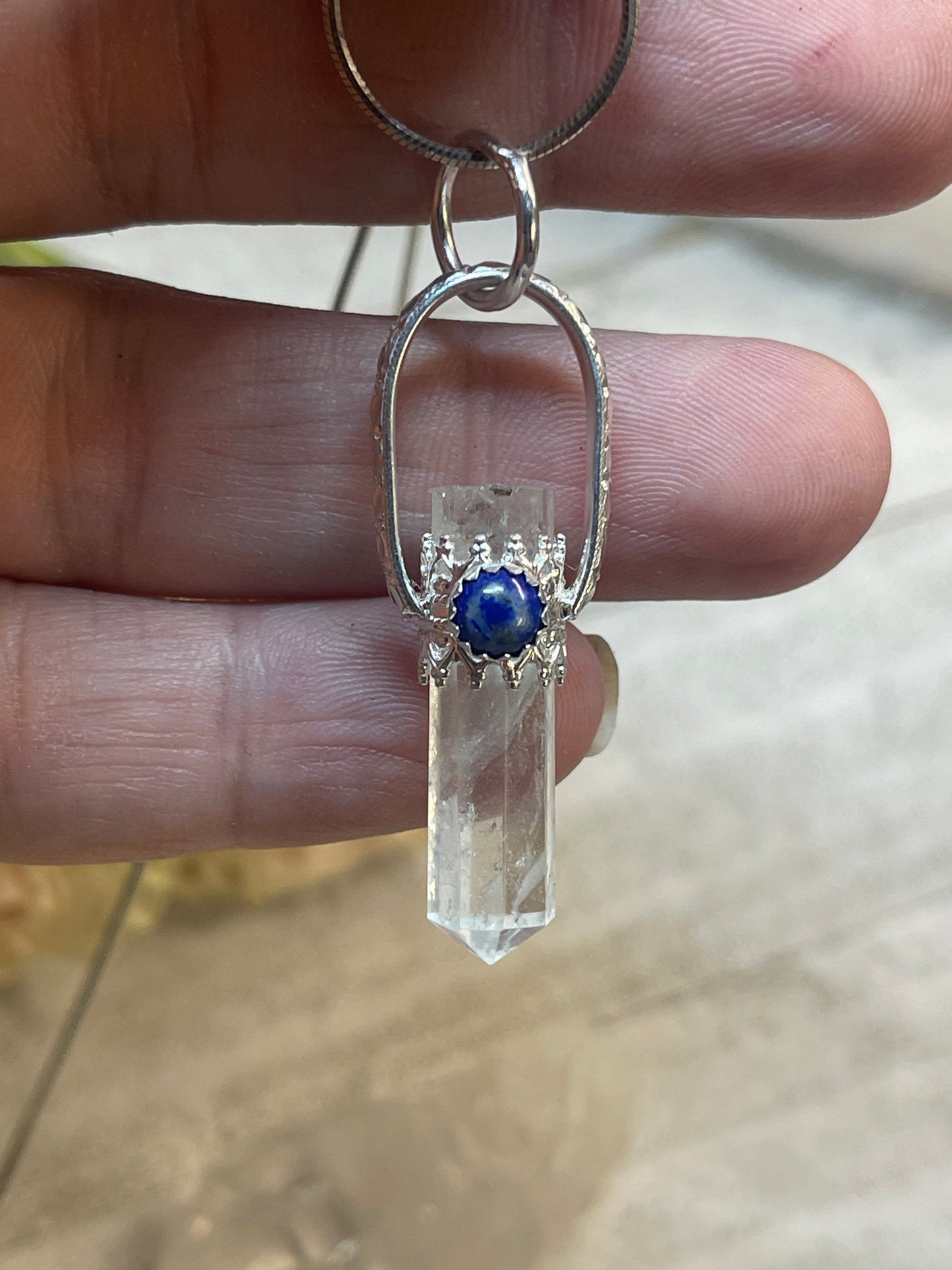 Quartz Crystal Point with Lapis Lazuli Sterling Silver Necklace