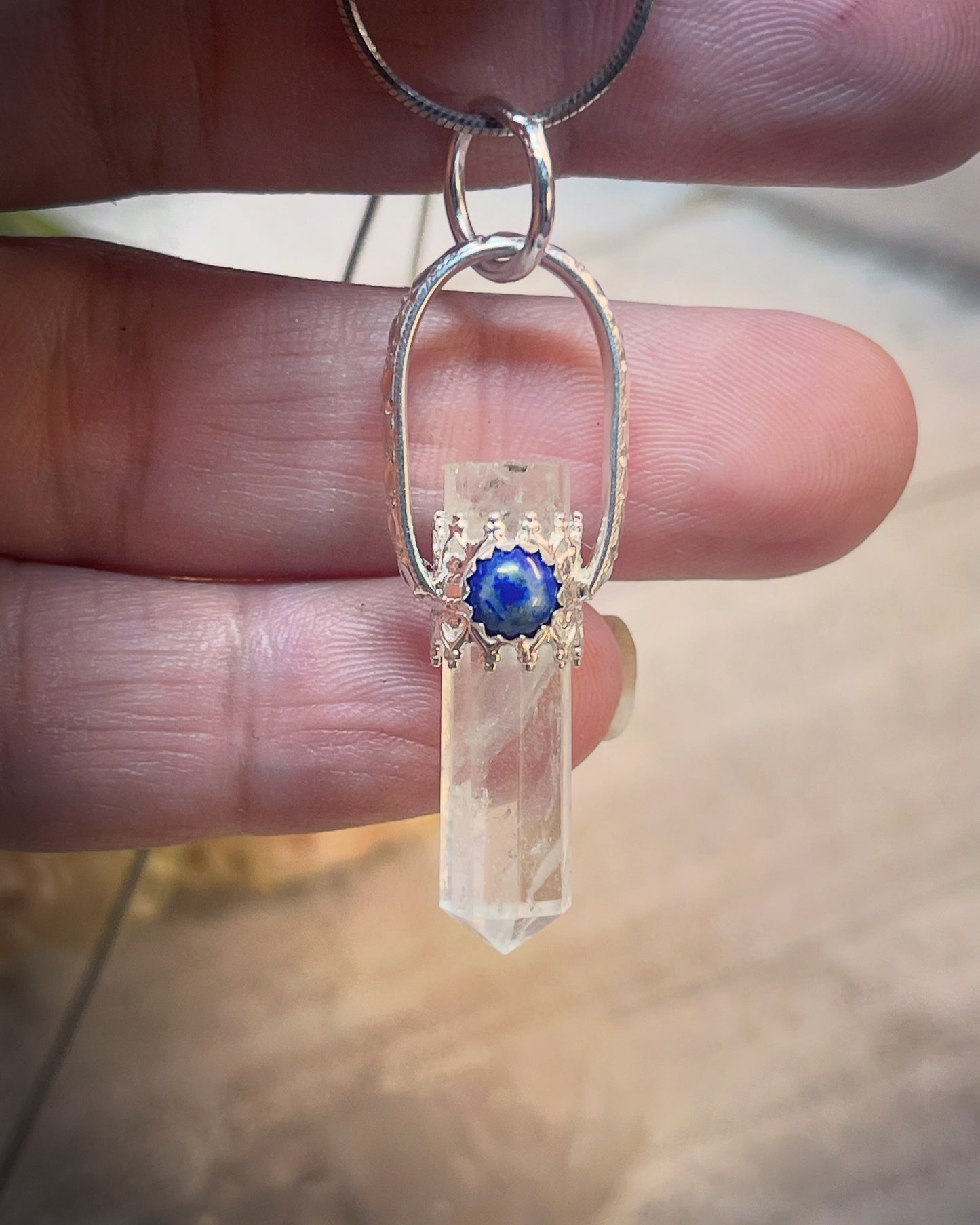 Quartz Crystal Point with Lapis Lazuli Sterling Silver Necklace