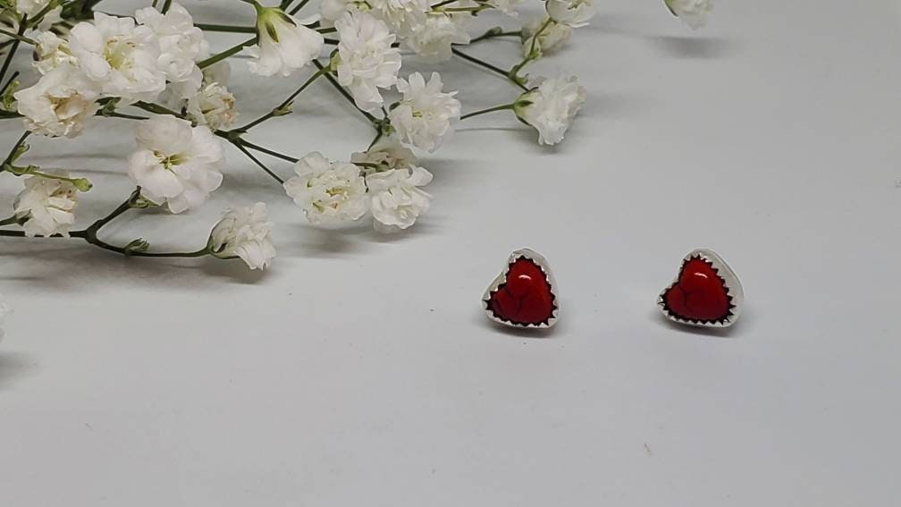 Red Magnesite Heart Stud Sterling Silver Earrings