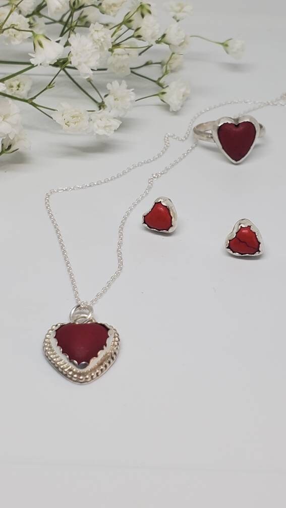 Red Magnesite Heart Sterling Silver Necklace