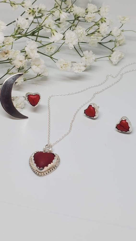 Red Magnesite Heart Sterling Silver Necklace