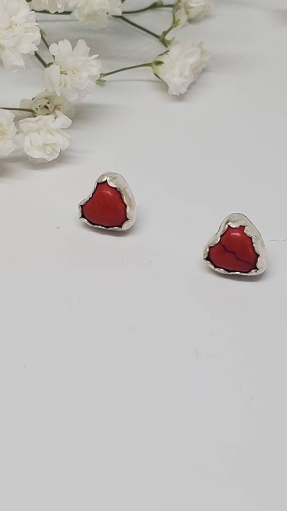 Red Magnesite Heart Stud Sterling Silver Earrings