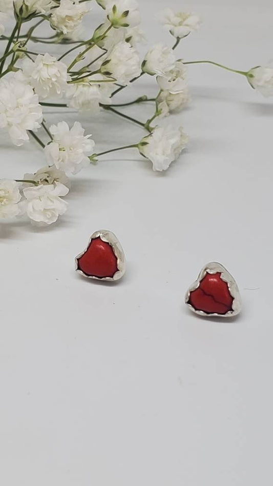 Red Magnesite Heart Stud Sterling Silver Earrings