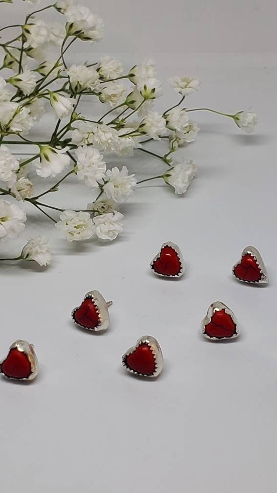 Red Magnesite Heart Stud Sterling Silver Earrings