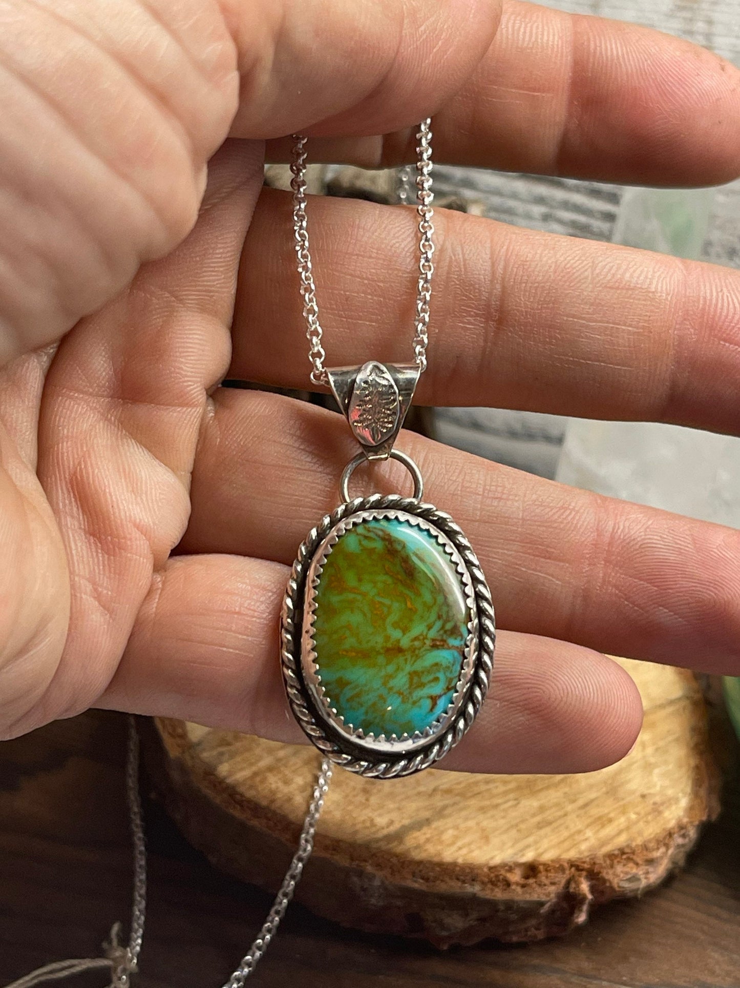 Turquoise Kingman sterling silver necklace with tree bail